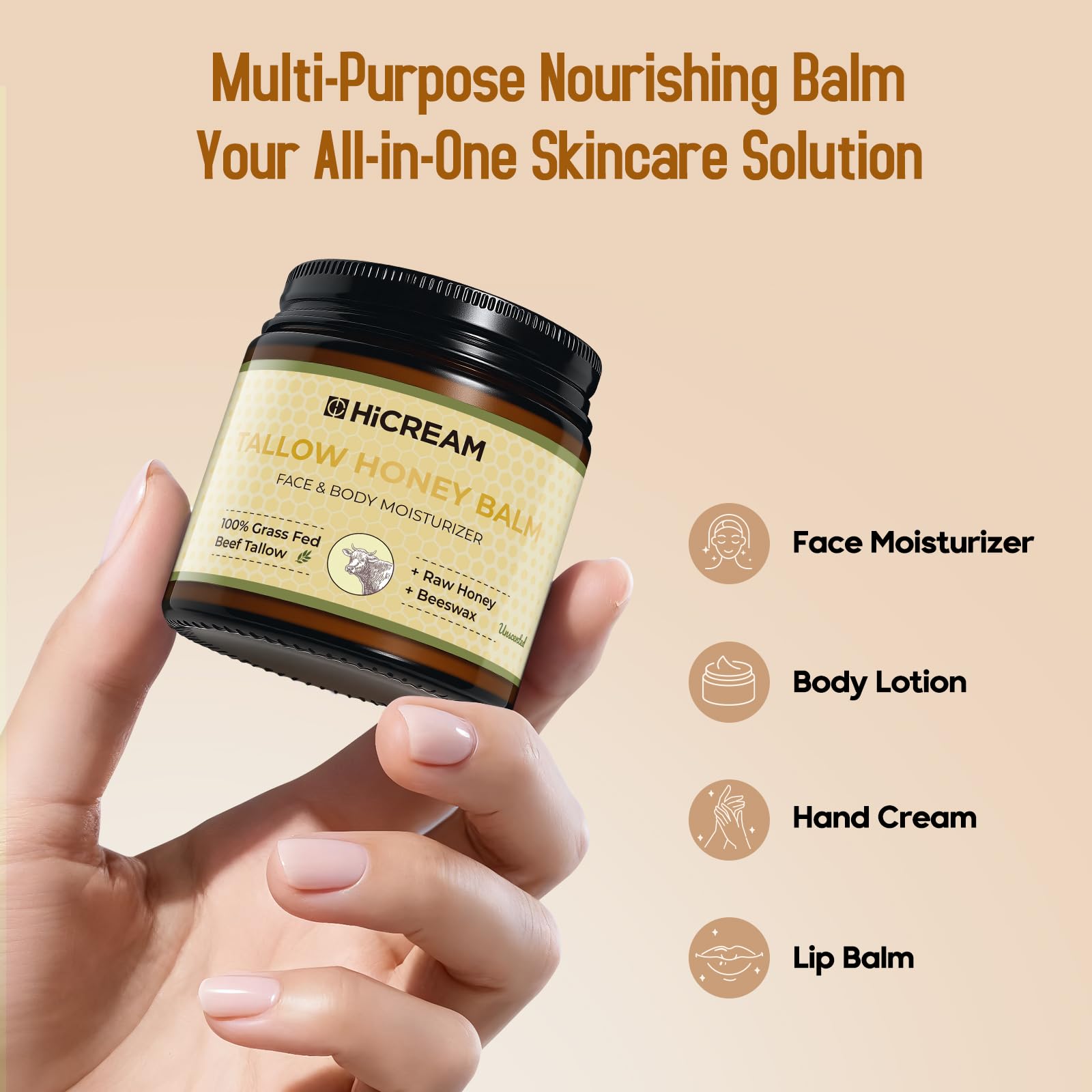 Hicream Beef Tallow Balm | 100% Organic Grass-Fed Moisturizer for Dry Skin
