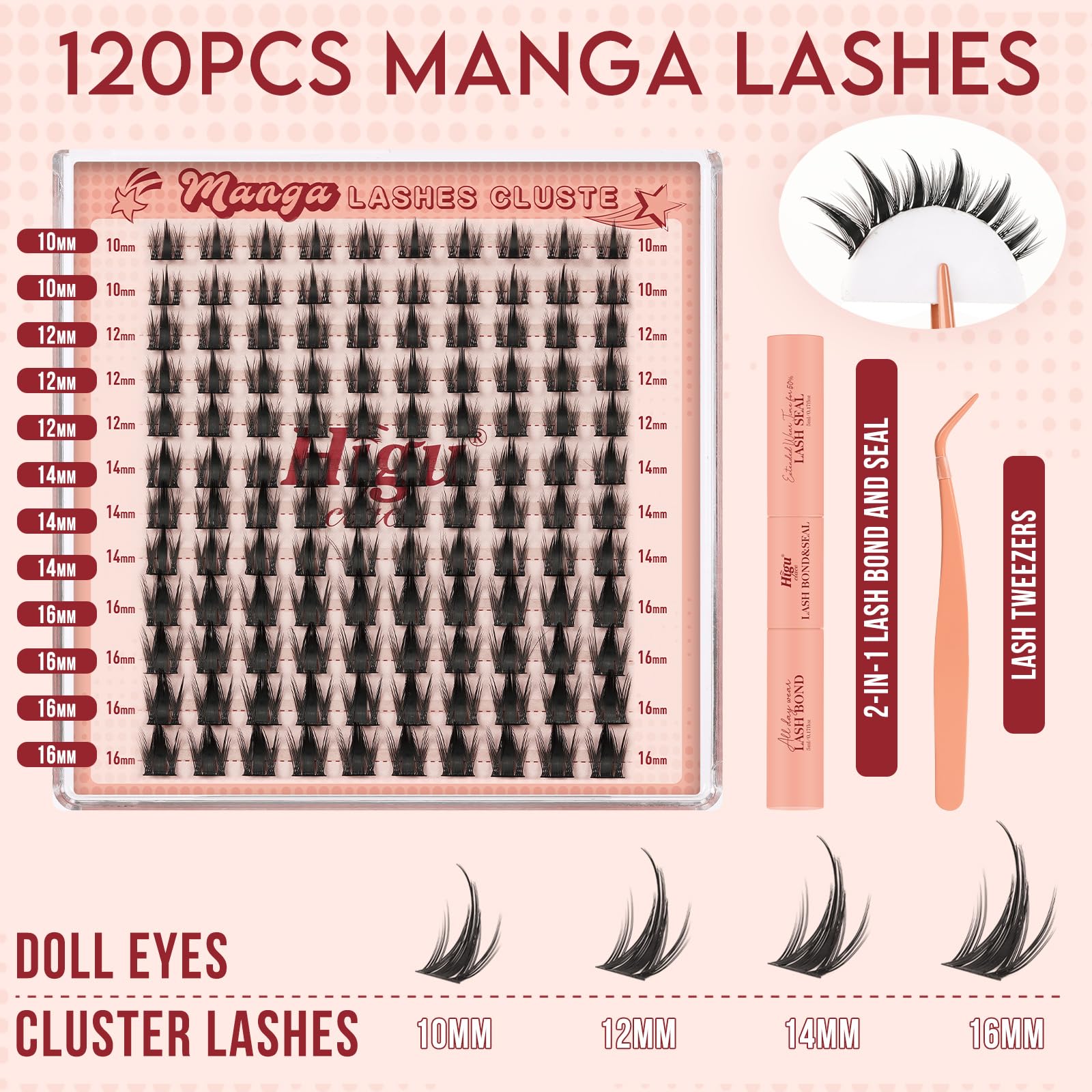 Higu clace Manga-Lash-Clusters Kit 120Pcs 10-16mm with Spikes – Anime Style DIY Eyelash Extensions with Bond, Seal & Tweezers