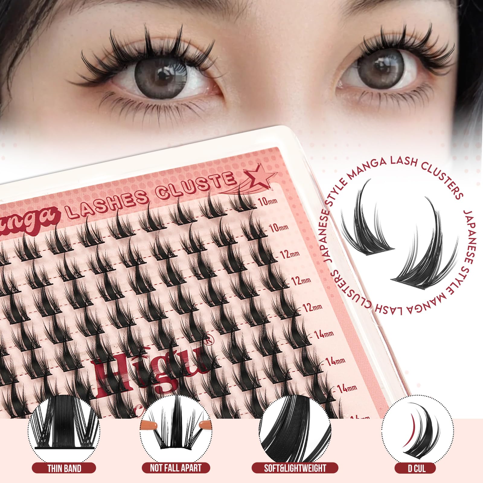 Higu clace Manga-Lash-Clusters Kit 120Pcs 10-16mm with Spikes – Anime Style DIY Eyelash Extensions with Bond, Seal & Tweezers