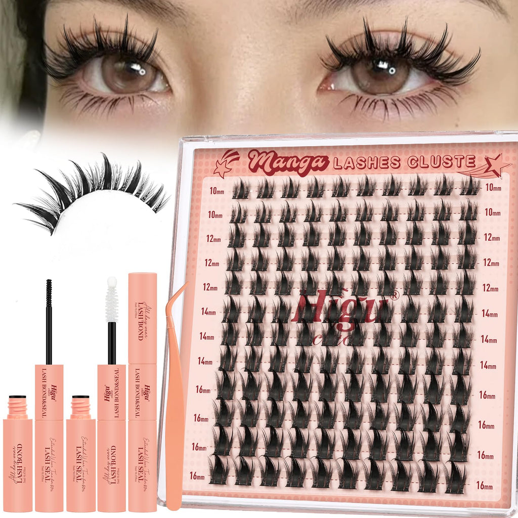 Higu clace Manga-Lash-Clusters Kit 120Pcs 10-16mm with Spikes – Anime Style DIY Eyelash Extensions with Bond, Seal & Tweezers