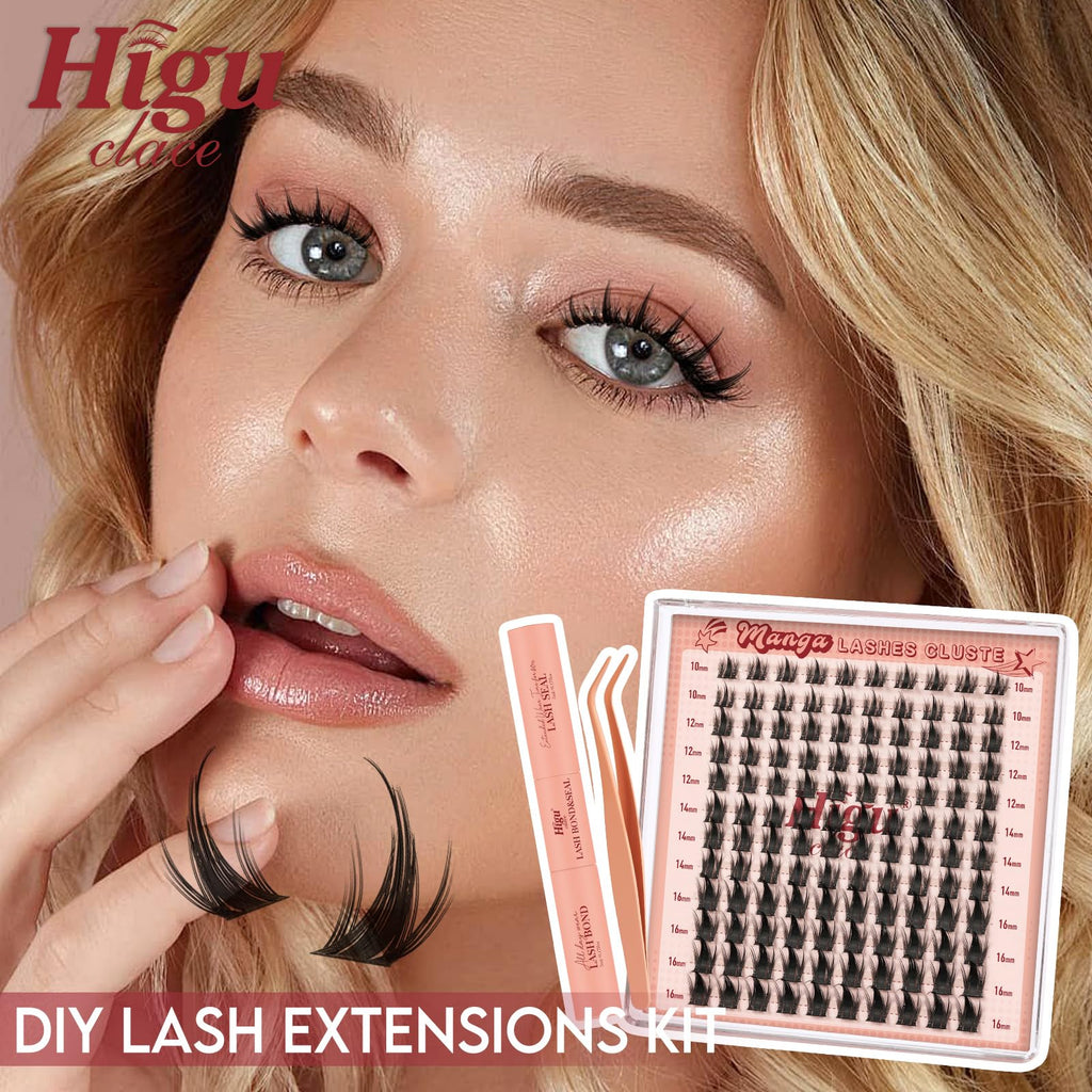 Higu clace Manga-Lash-Clusters Kit 120Pcs 10-16mm with Spikes – Anime Style DIY Eyelash Extensions with Bond, Seal & Tweezers