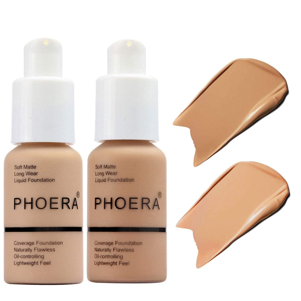 Hilareco BestLand PHOERA Foundation 2Pack – Full Coverage Liquid Foundation, Oil-Free, Long-Lasting, Shades 104 Buff Beige & 105 Sand
