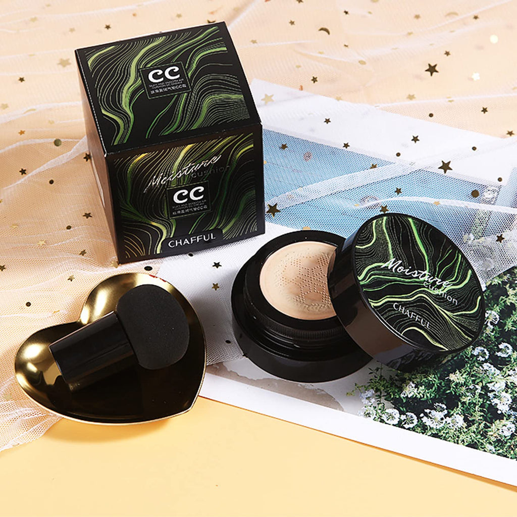Hilareco Mushroom Head Air Cushion CC Cream #03 Warm Nude + Phoera Powder Set with Sponge & Flat Top Kabuki Brush