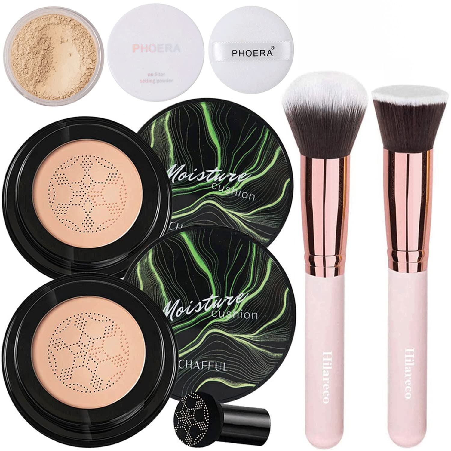 Hilareco Mushroom Head Air Cushion CC Cream #03 Warm Nude + Phoera Powder Set with Sponge & Flat Top Kabuki Brush