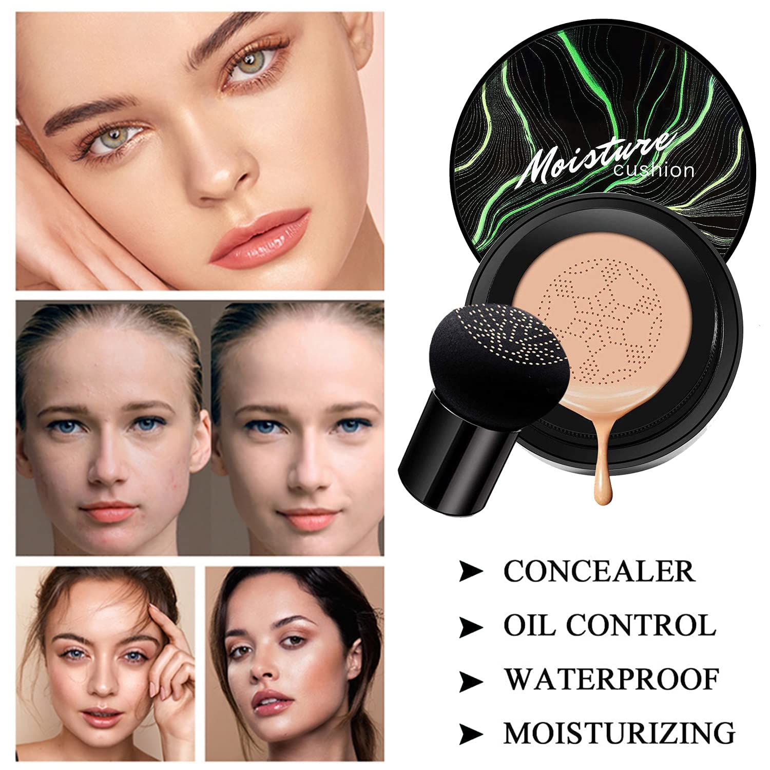 Hilareco Mushroom Head Air Cushion CC Cream #03 Warm Nude + Phoera Powder Set with Sponge & Flat Top Kabuki Brush