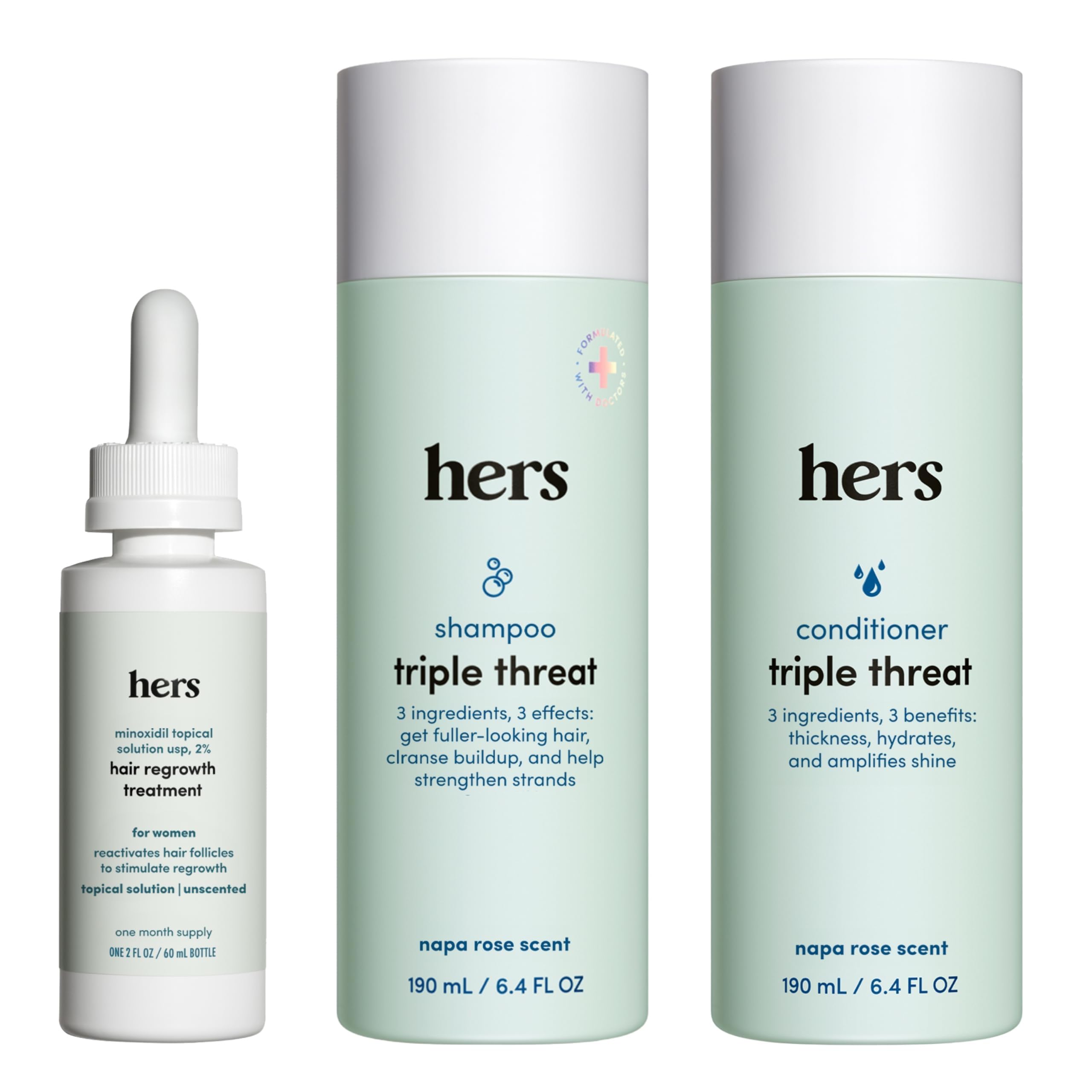 Hims & Hers Triple Threat Shampoo, Conditioner & 2% Minoxidil Set – Color-Safe, Paraben-Free