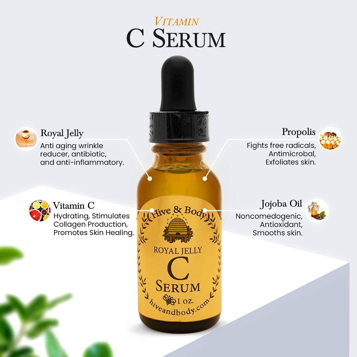 Hive & Body Vitamin C Facial Serum with Royal Jelly, Jojoba Oil & Propolis - 1 fl oz