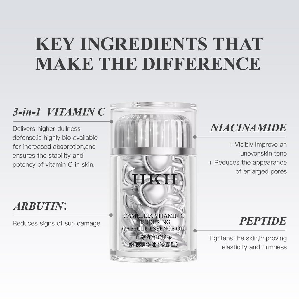 HKH Triple Vitamin C Serum Capsules for Face – Dark Spots, Camellia Niacinamide VE Anti-Aging Serum for Women, 28 Capsules