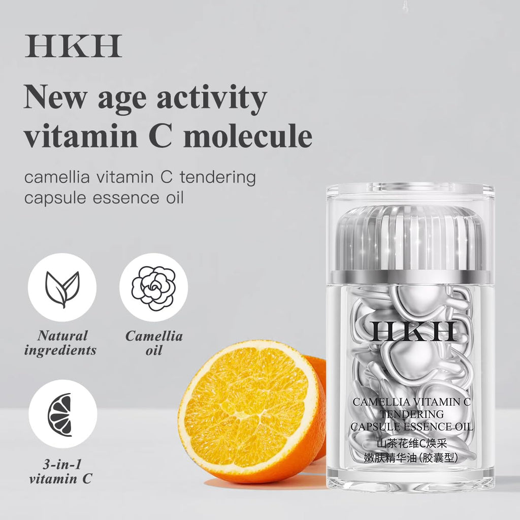 HKH Triple Vitamin C Serum Capsules for Face – Dark Spots, Camellia Niacinamide VE Anti-Aging Serum for Women, 28 Capsules
