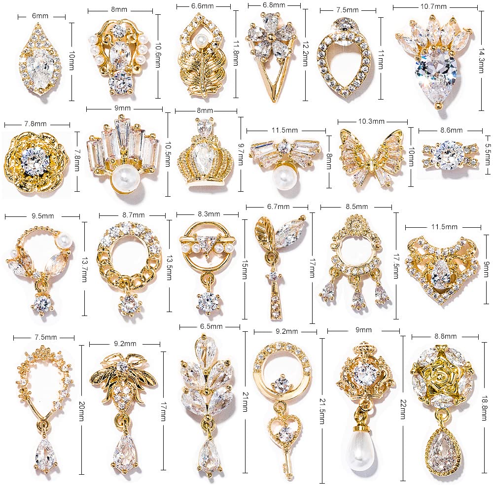 HNUIX Nail Charms & Gems – Gold Copper Zircon 24Pcs 3D Dangle Rhinestones for Nails