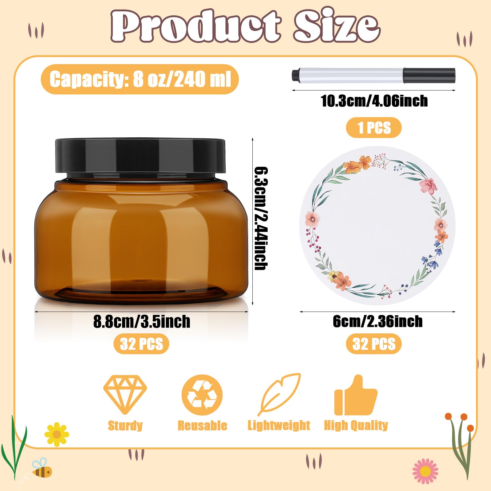 Hoemwarm 32 Pack Amber Jars with Lids – 8 oz Refillable Containers