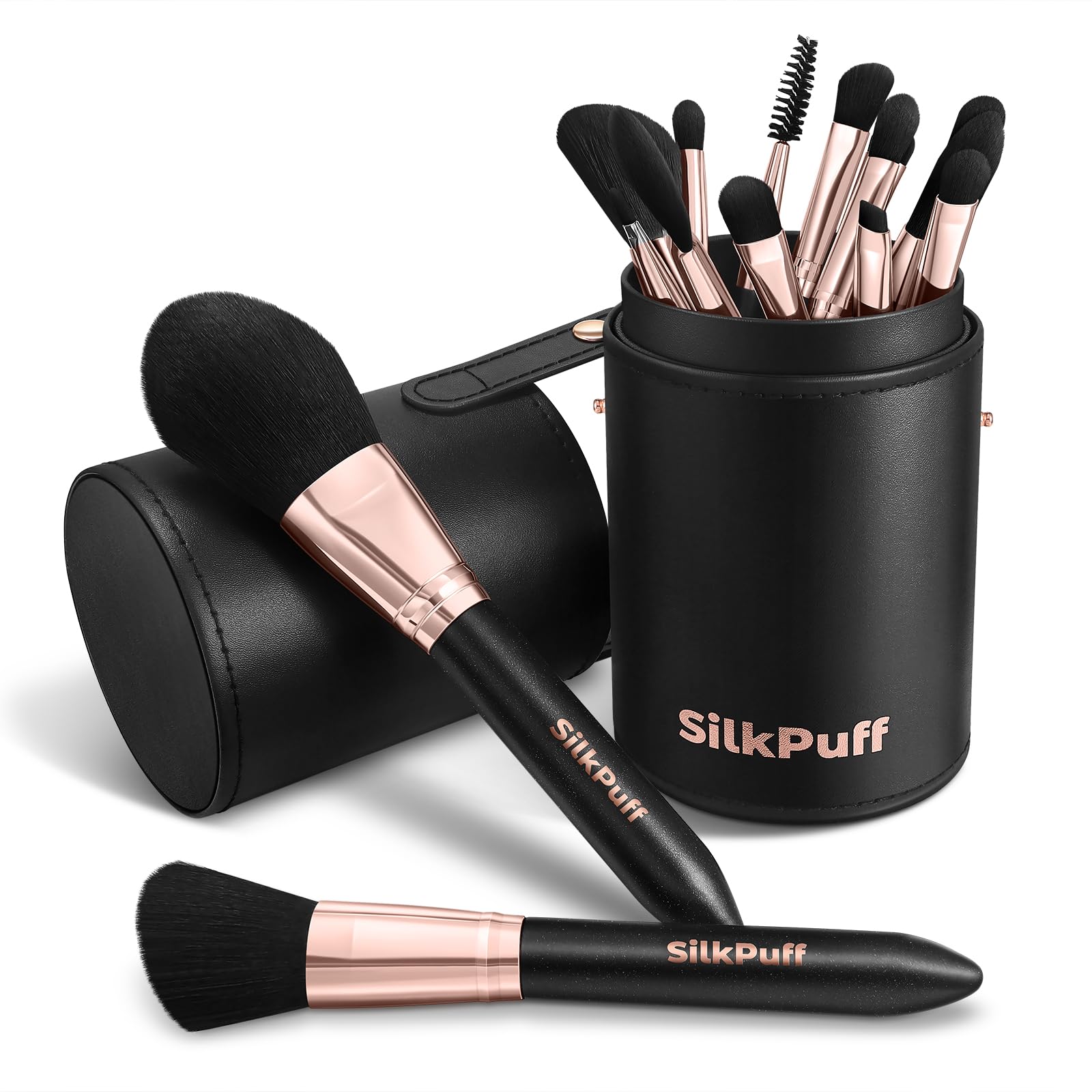 HOIFA Silkpuff 15-Piece Makeup Brush Set – Travel Case, Cruelty-Free Synthetic Hair