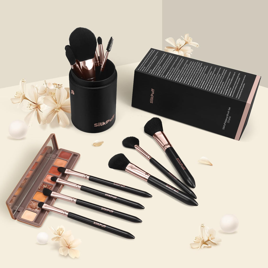 HOIFA Silkpuff 15-Piece Makeup Brush Set – Travel Case, Cruelty-Free Synthetic Hair