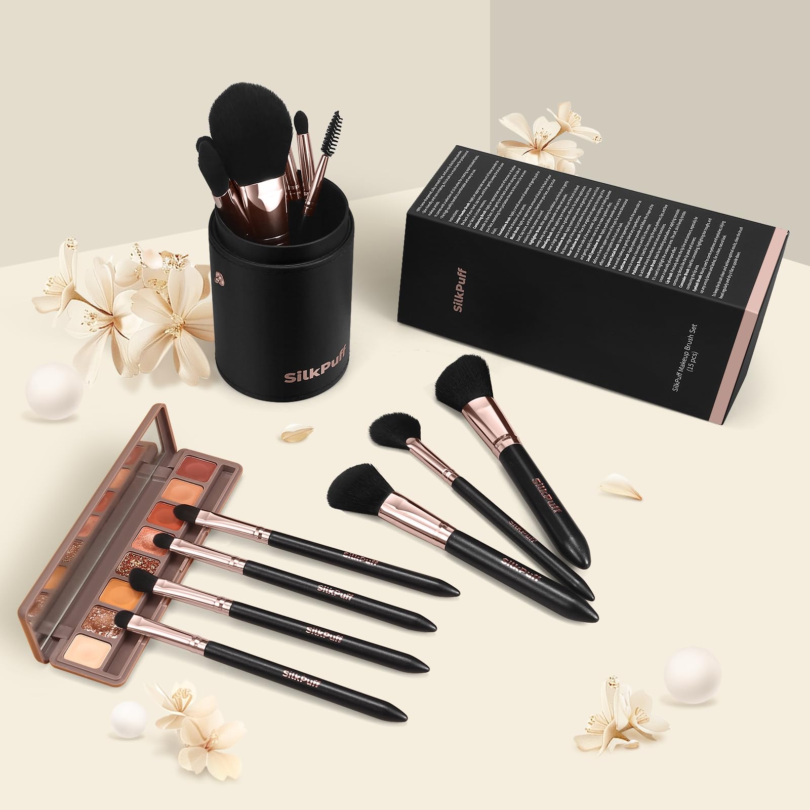 HOIFA Silkpuff 15-Piece Makeup Brush Set – Travel Case, Cruelty-Free Synthetic Hair
