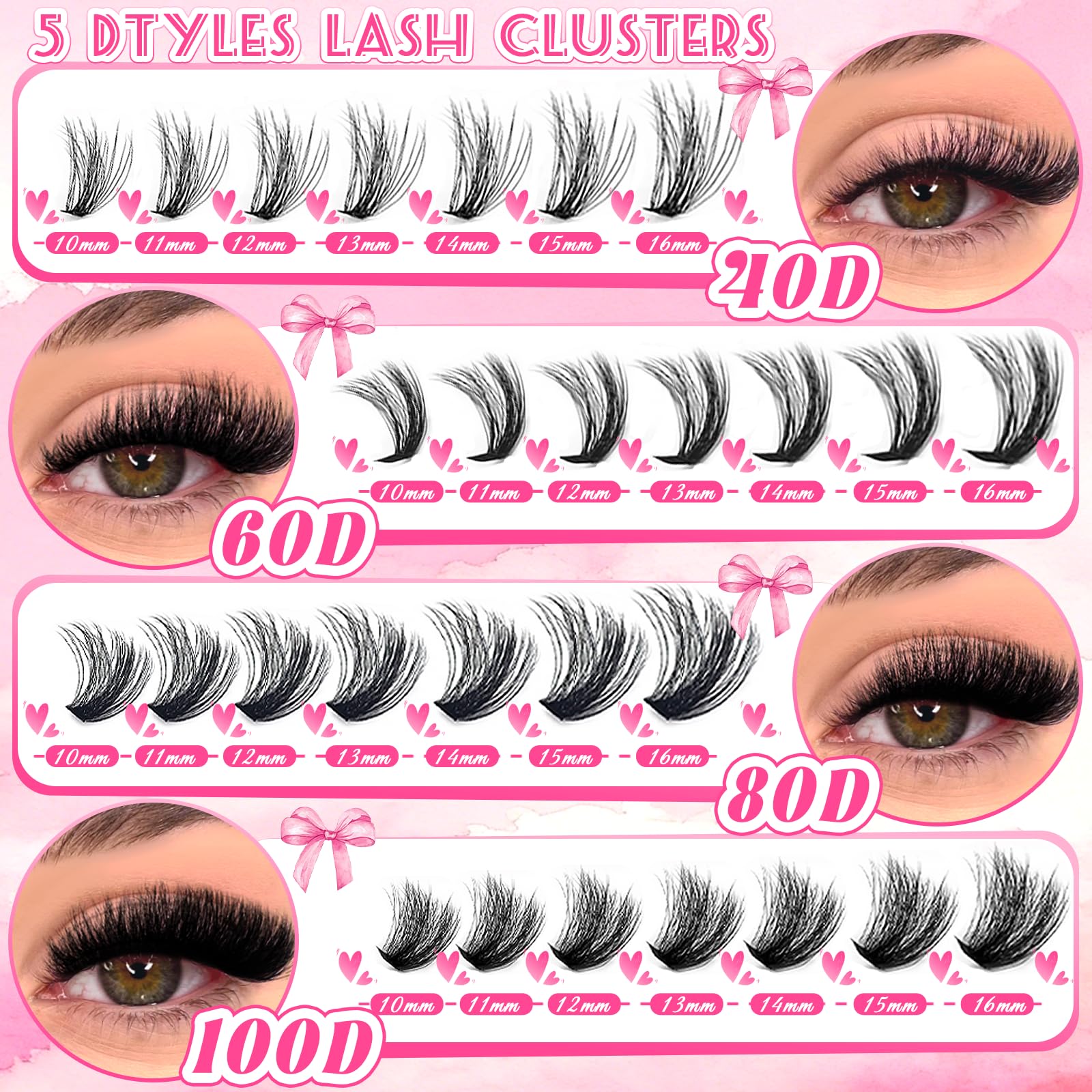 Holipet Lash Clusters Kit – 64 Top & 12 Bottom Eyelashes, Wispy Natural Volume (10-16mm, 40D-100D) with Bond & Seal – 2 Pack