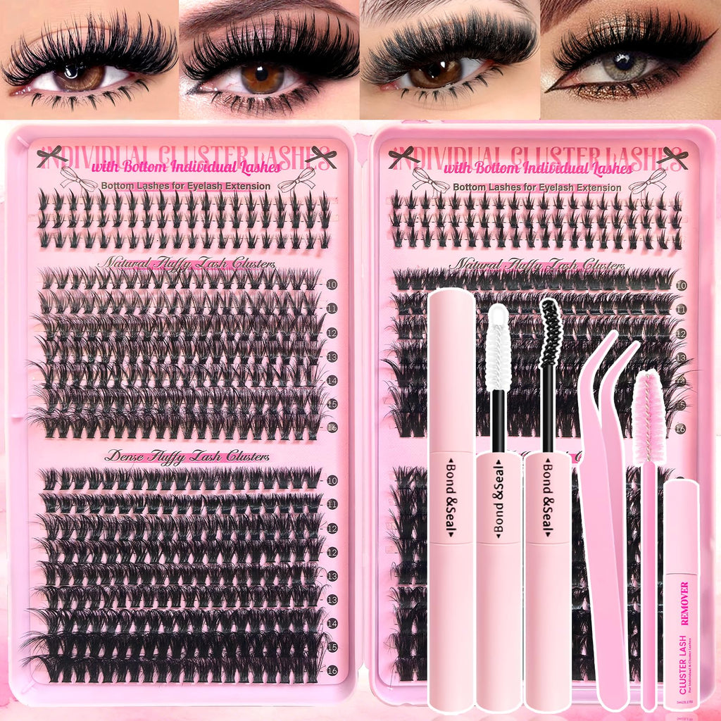 Holipet Lash Clusters Kit – 64 Top & 12 Bottom Eyelashes, Wispy Natural Volume (10-16mm, 40D-100D) with Bond & Seal – 2 Pack