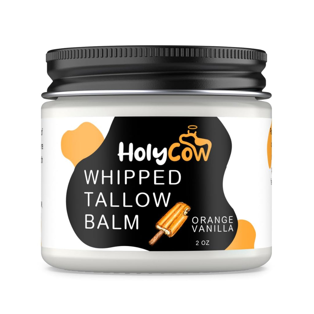 HolyCow Beef Tallow for Skin – Whipped Balm with Organic Jojoba Oil (Orange Vanilla) | Grass-Fed Face Moisturizer