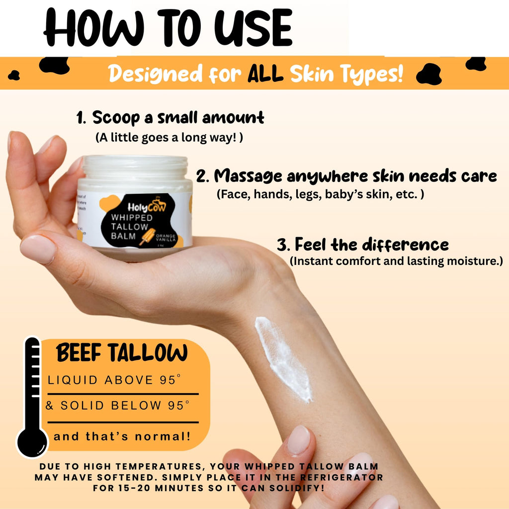 HolyCow Beef Tallow for Skin – Whipped Balm with Organic Jojoba Oil (Orange Vanilla) | Grass-Fed Face Moisturizer