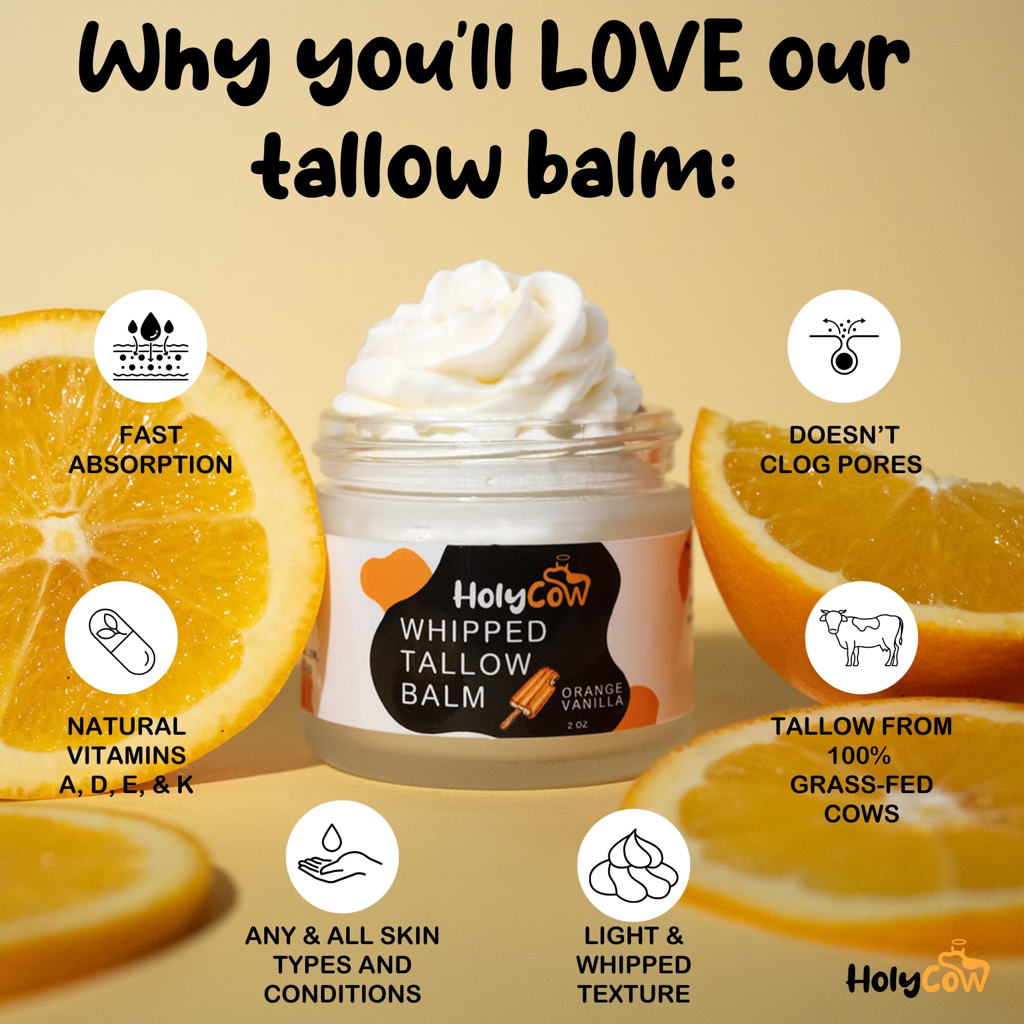 HolyCow Beef Tallow for Skin – Whipped Balm with Organic Jojoba Oil (Orange Vanilla) | Grass-Fed Face Moisturizer