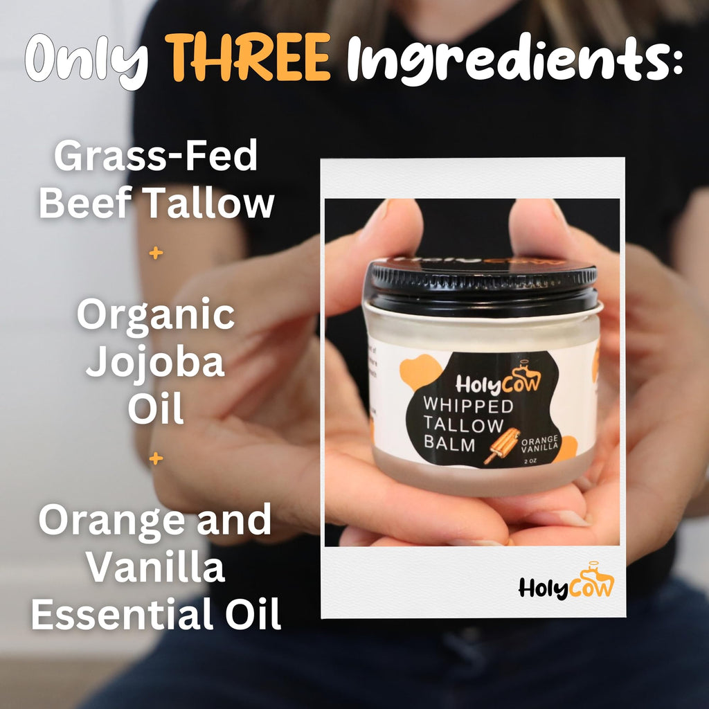 HolyCow Beef Tallow for Skin – Whipped Balm with Organic Jojoba Oil (Orange Vanilla) | Grass-Fed Face Moisturizer