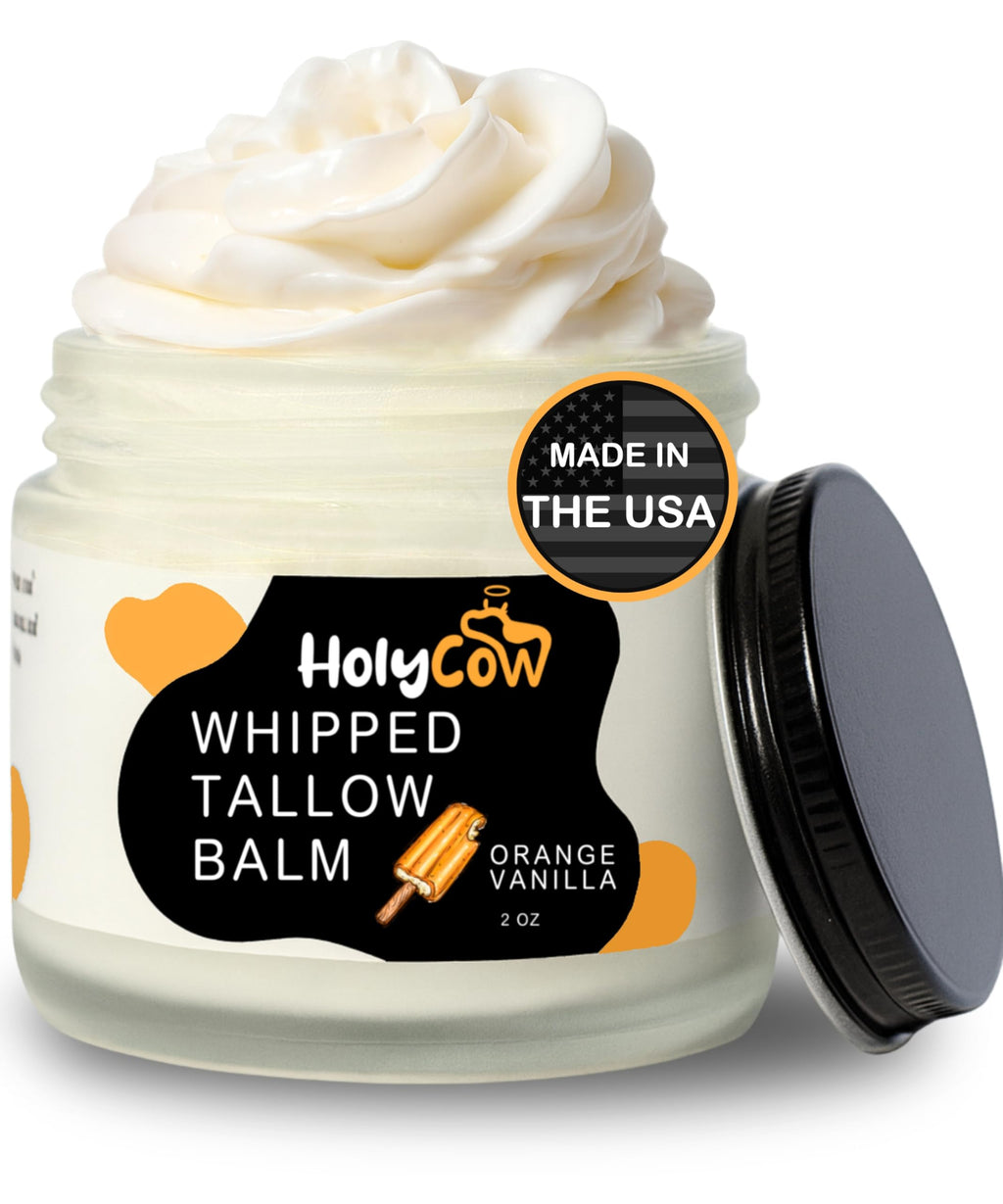 HolyCow Beef Tallow for Skin – Whipped Balm with Organic Jojoba Oil (Orange Vanilla) | Grass-Fed Face Moisturizer