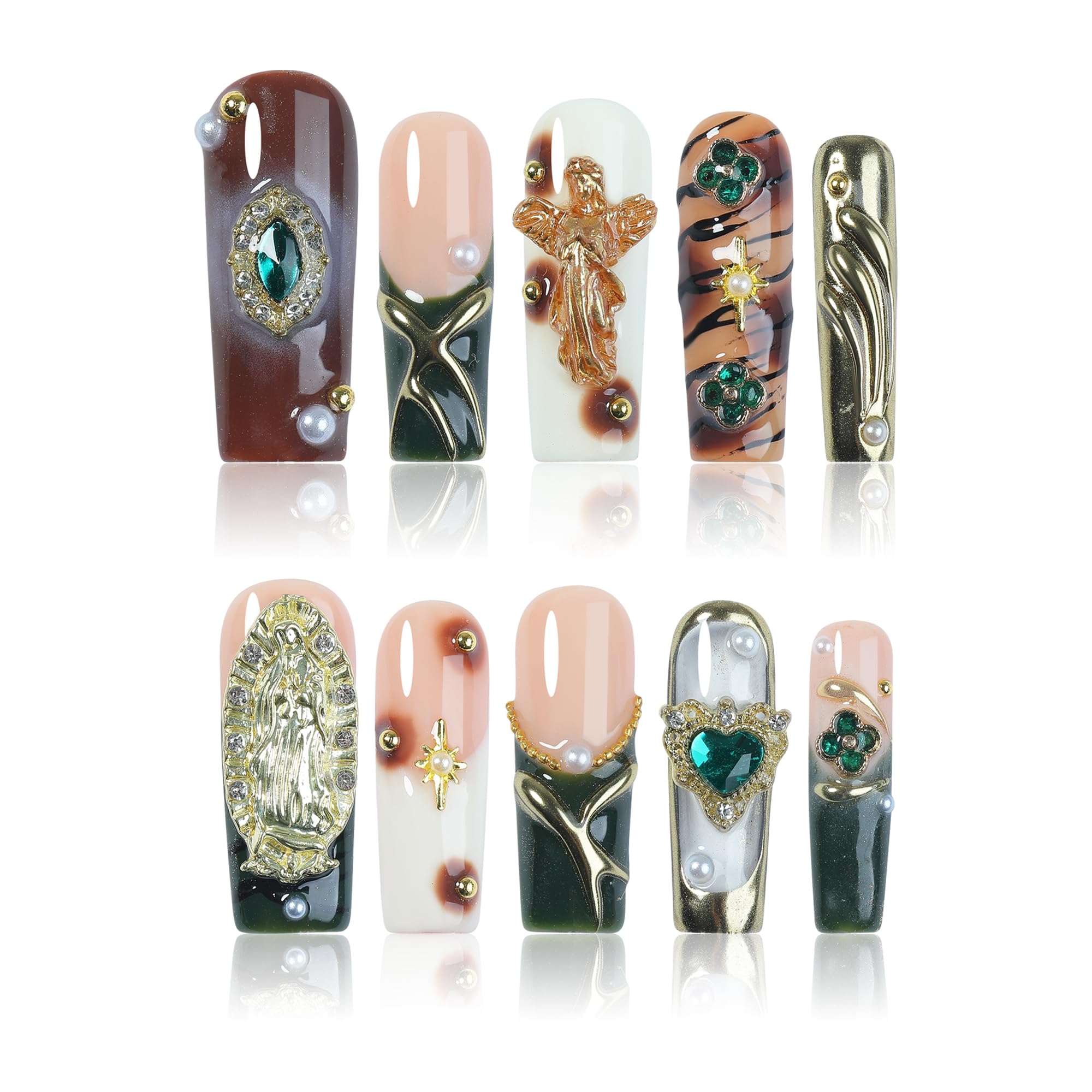 Homsera 3D Angel Press-On Nails, Coffin Shape, Luxury Golden Divine Design for Women