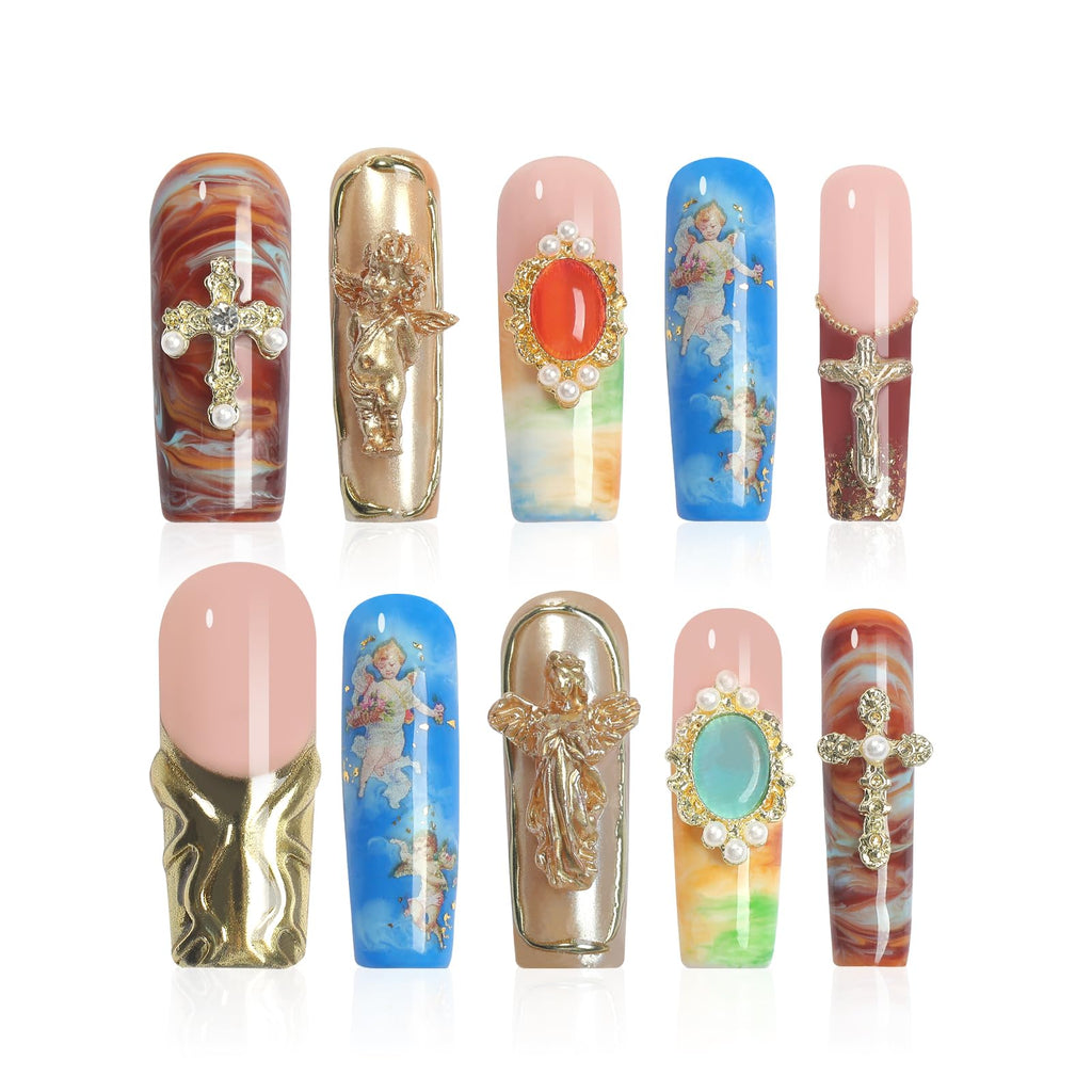 Homsera Handmade Press-On Nails – 3D Cherub & Cloud Design with Luminous Ethereal Base | Reusable At-Home Manicure