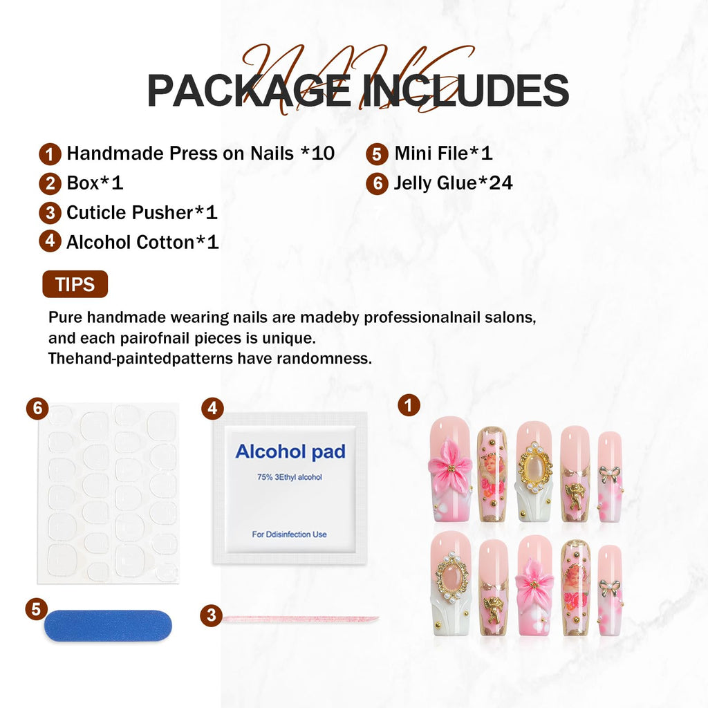 Homsera Elegant Press-On Nails – 3D Pink Rose Design, Luxury Glossy Full Cover Reusable