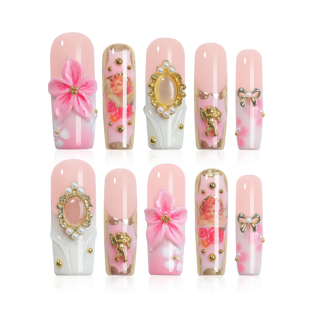 Homsera Elegant Press-On Nails – 3D Pink Rose Design, Luxury Glossy Full Cover Reusable