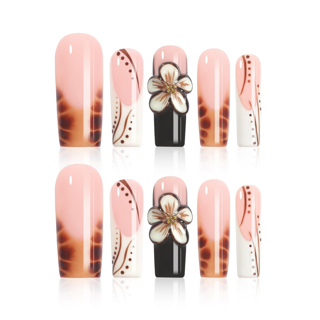 Homsera Ethereal Blossom Square Press-On Nails – Watercolor Marble Base with 3D Floral Embellishment