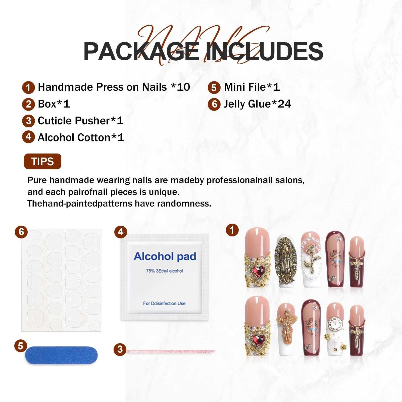 Homsera Handmade Press On Nails – Long Coffin, Reusable, Glossy Finish