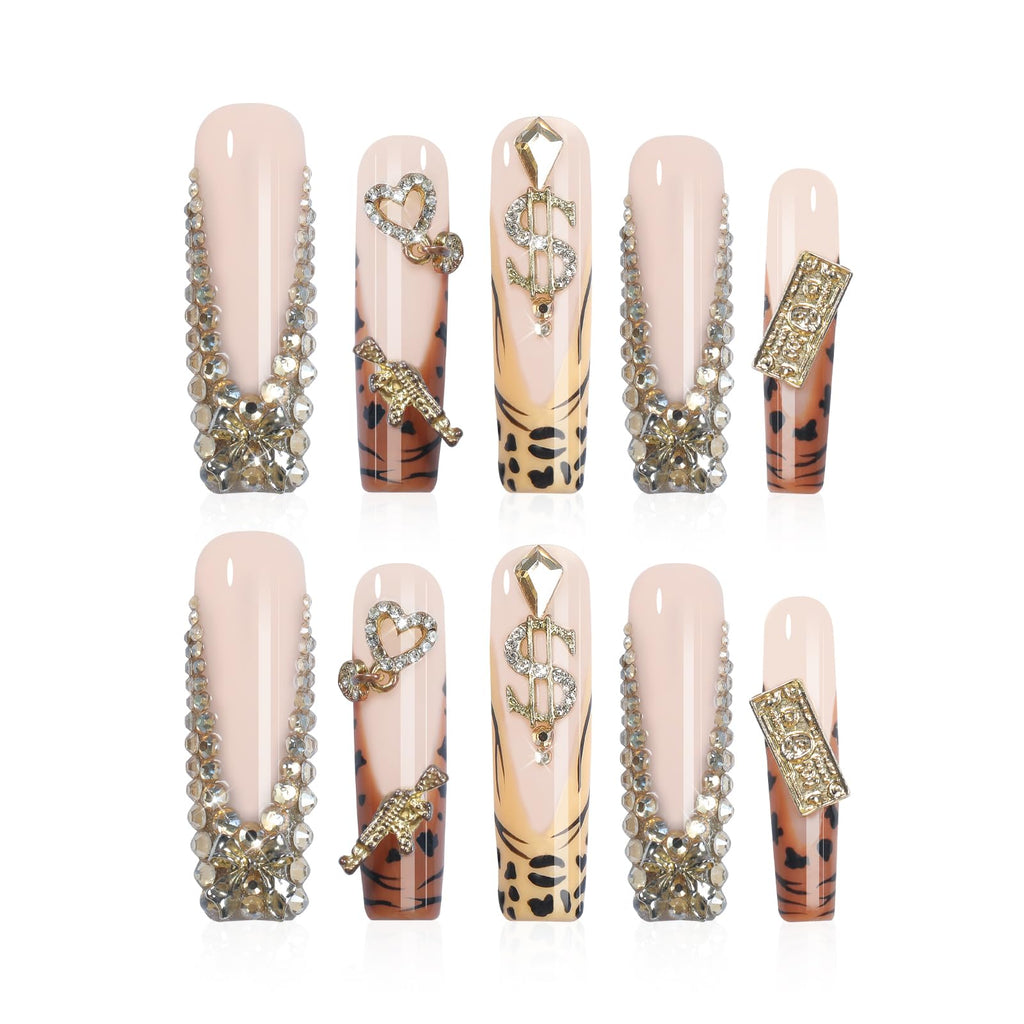 Homsera Gilded Wild Spot Press-On Nails – Handmade Exotic Print with Metallic Motifs
