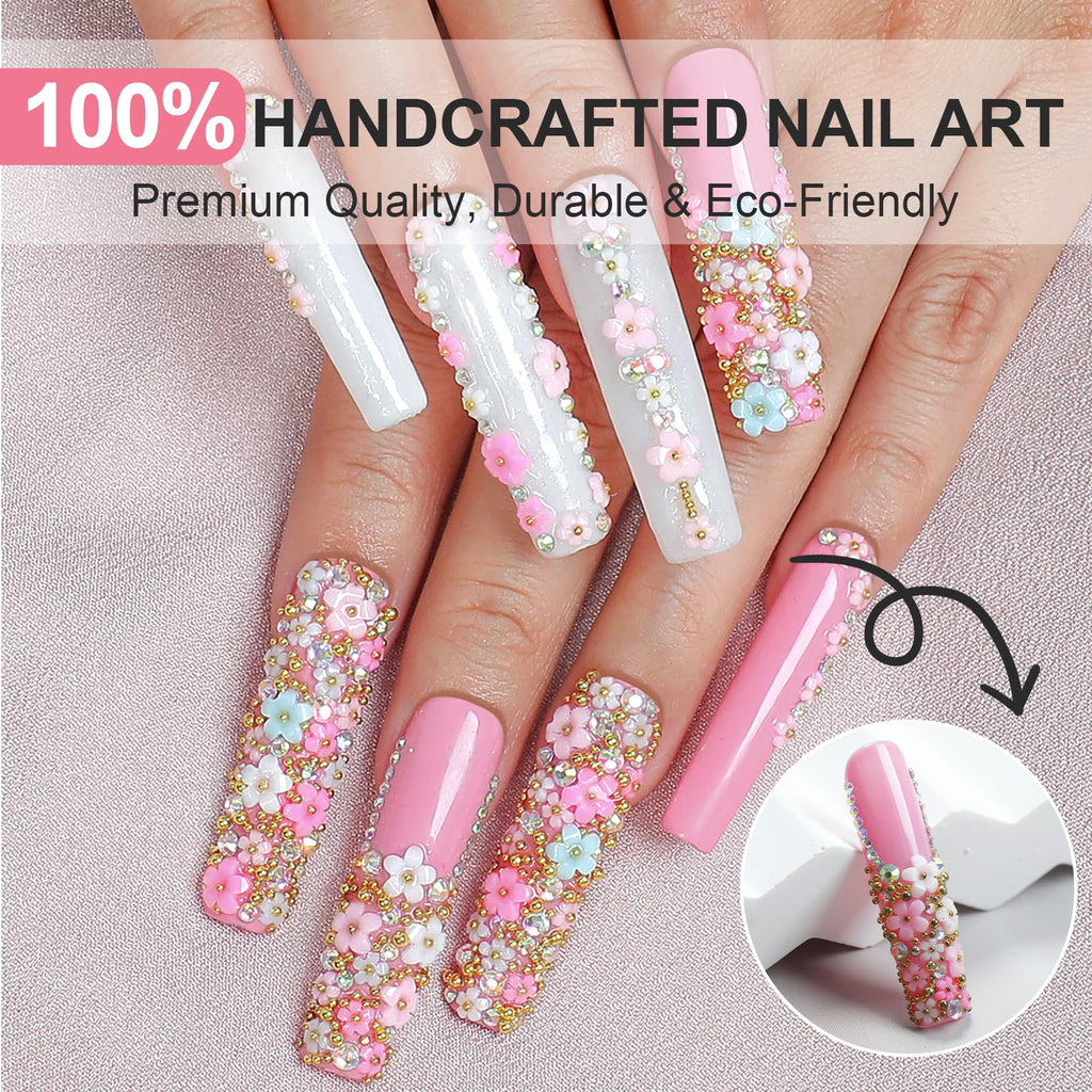 Homsera Handmade Press-On Nails – Luxury Rhinestone Decor Pink Floral Coffin Nails