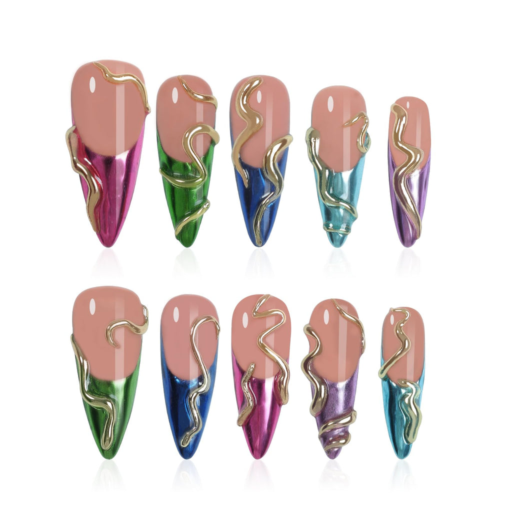 Homsera Handmade Long Pointed Press-On Nails – 10 Pcs Medium Length, French Snake Design