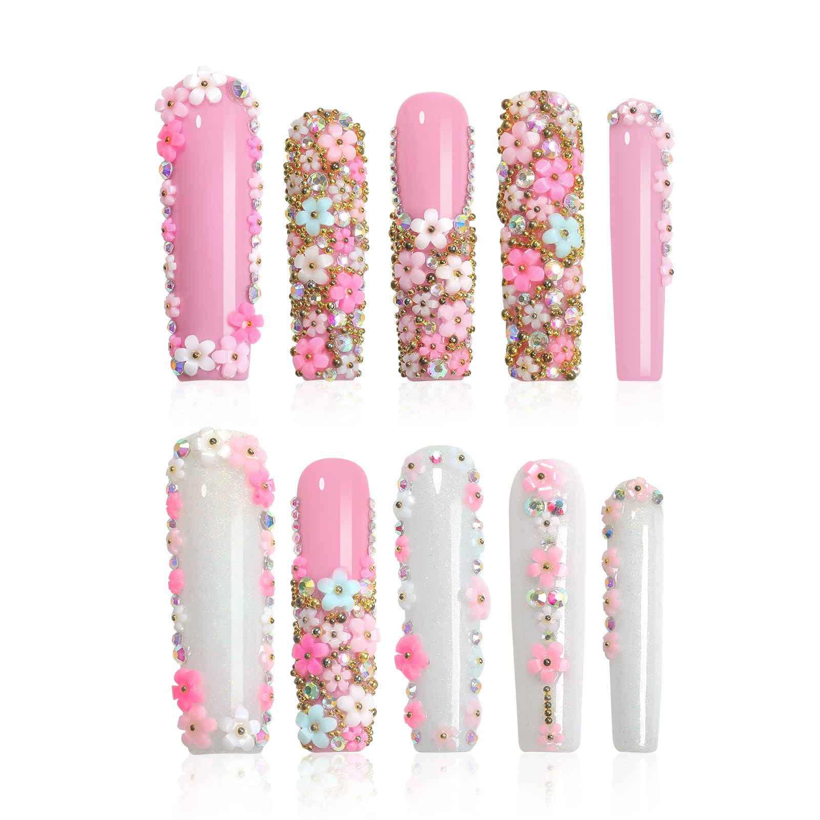 Homsera Handmade Press-On Nails – Luxury Rhinestone Decor Pink Floral Coffin Nails