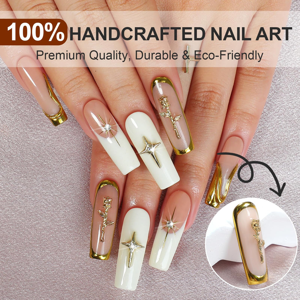 Homsera Handmade XL White Press-On Nails – 3D Sun Golden Flower Charms, French Tips, Reusable 10-Pack