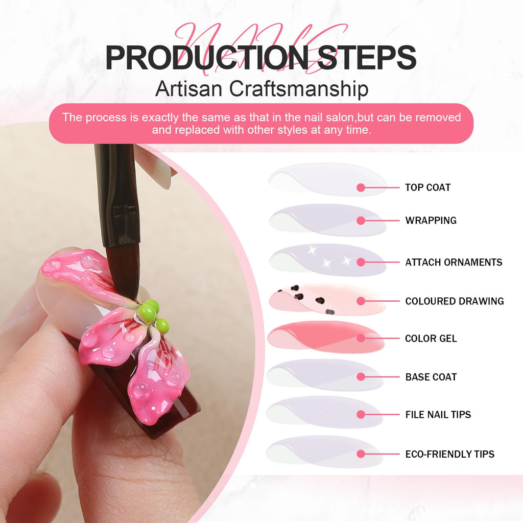 Homsera Press-On Nails – 3D Floral Motifs, Handmade Long Nails for Elegant Events