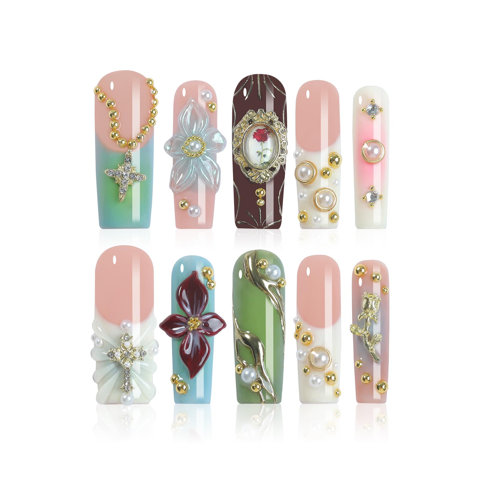 Homsera Lustrous Blossom Press-On Nails | 3D Floral & Pearlescent Orbs