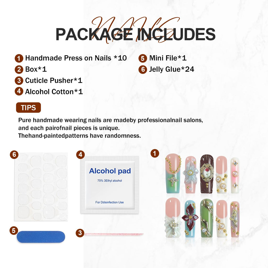 Homsera Lustrous Blossom Press-On Nails | 3D Floral & Pearlescent Orbs