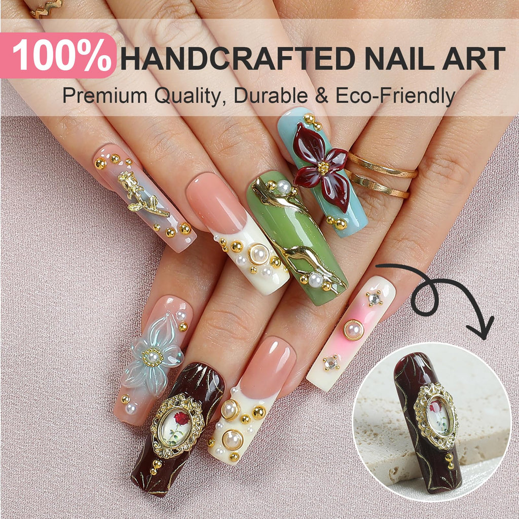 Homsera Lustrous Blossom Press-On Nails | 3D Floral & Pearlescent Orbs