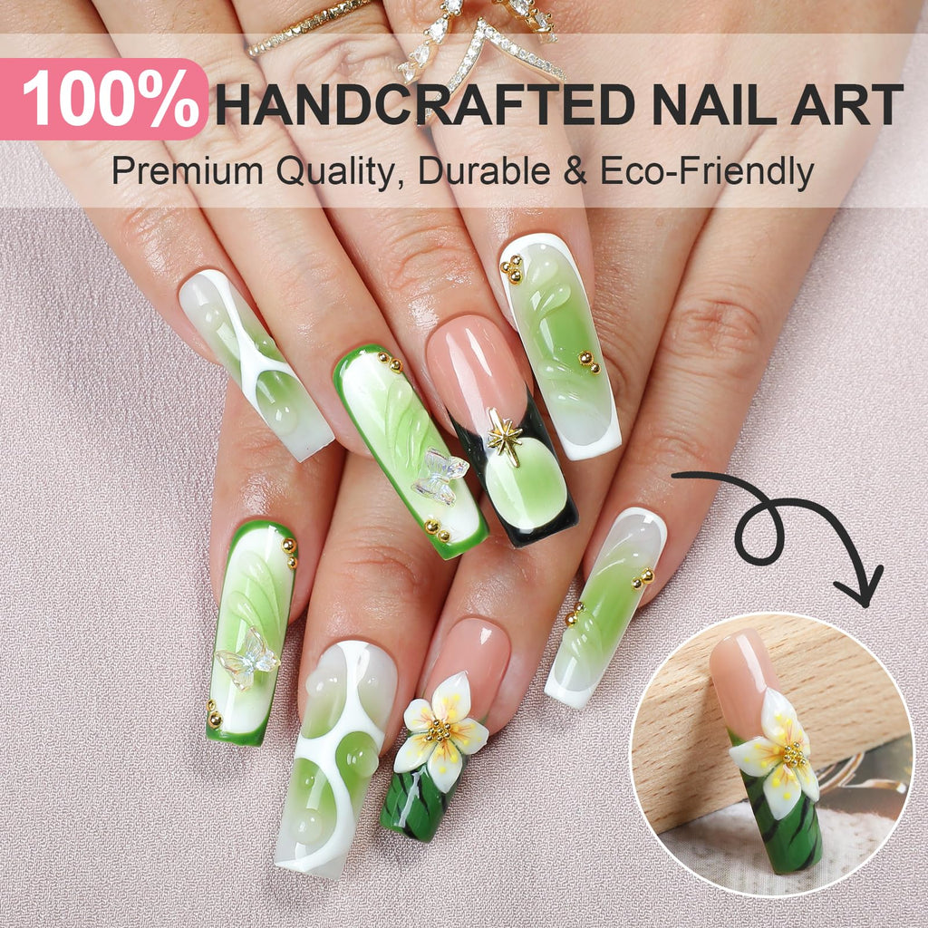 Homsera Press On Nails - Verdant Canopy Square Handmade Nails for Garden Parties & Spring Events