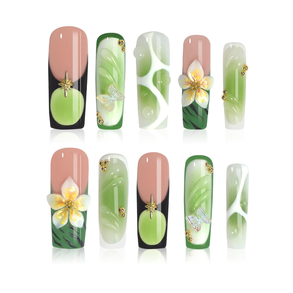 Homsera Press On Nails - Verdant Canopy Square Handmade Nails for Garden Parties & Spring Events