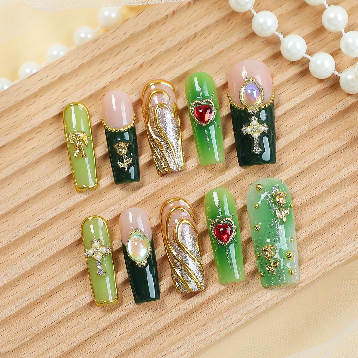 Homsera Handmade Press-On Nails – Long Square XL Green & Gold Glitter with 3D Flower, Heart & Cross (10 Pcs)