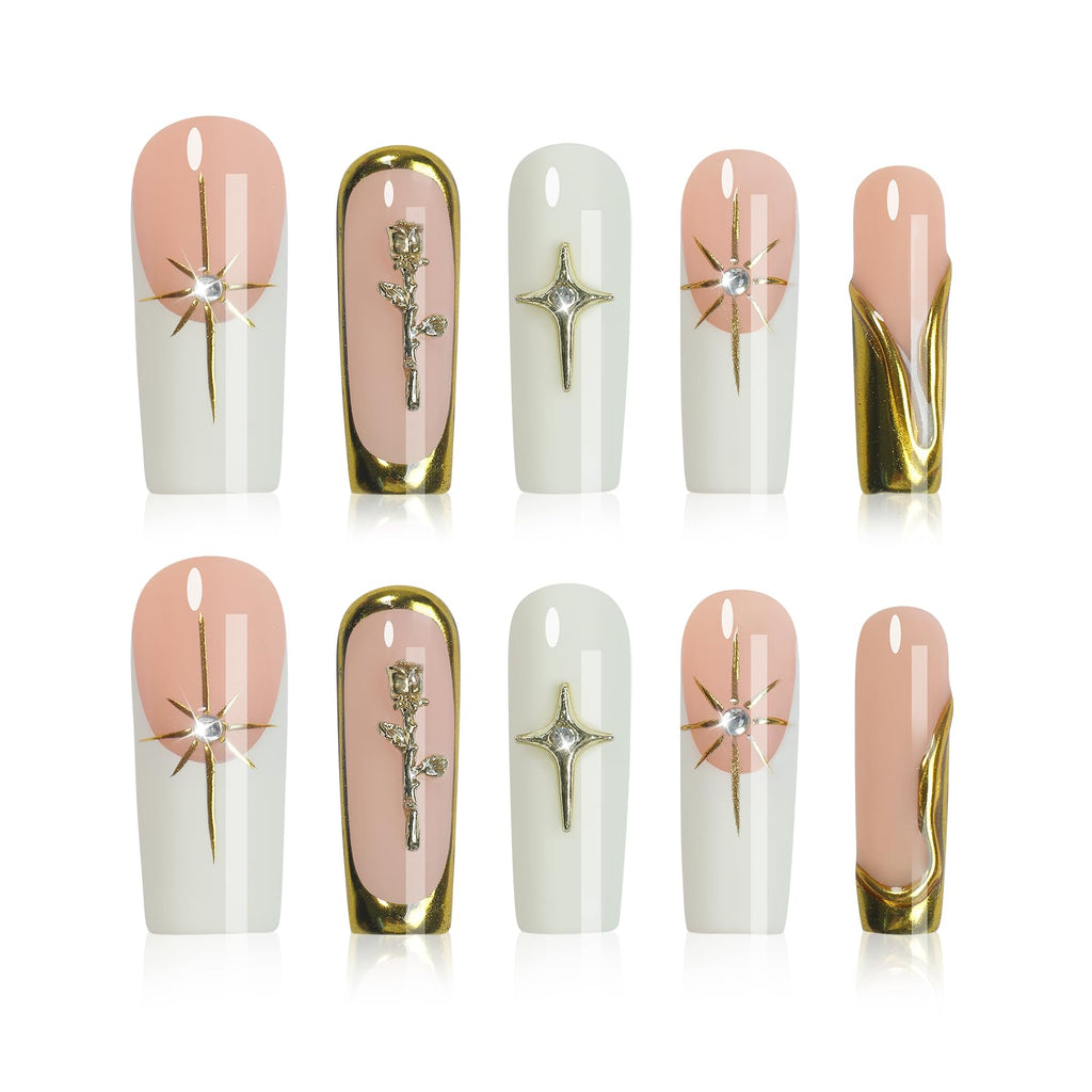 Homsera Handmade XL White Press-On Nails – 3D Sun Golden Flower Charms, French Tips, Reusable 10-Pack