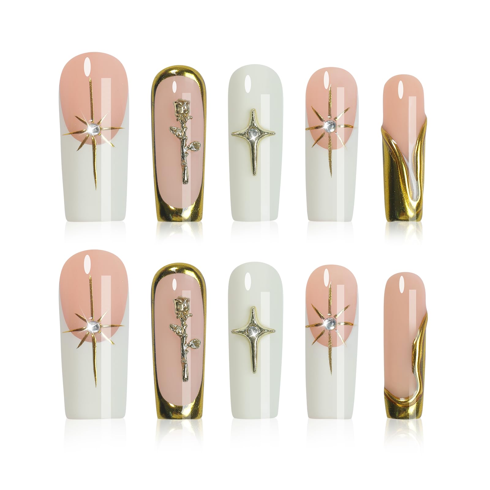 Homsera Handmade XL White Press-On Nails – 3D Sun Golden Flower Charms, French Tips, Reusable 10-Pack