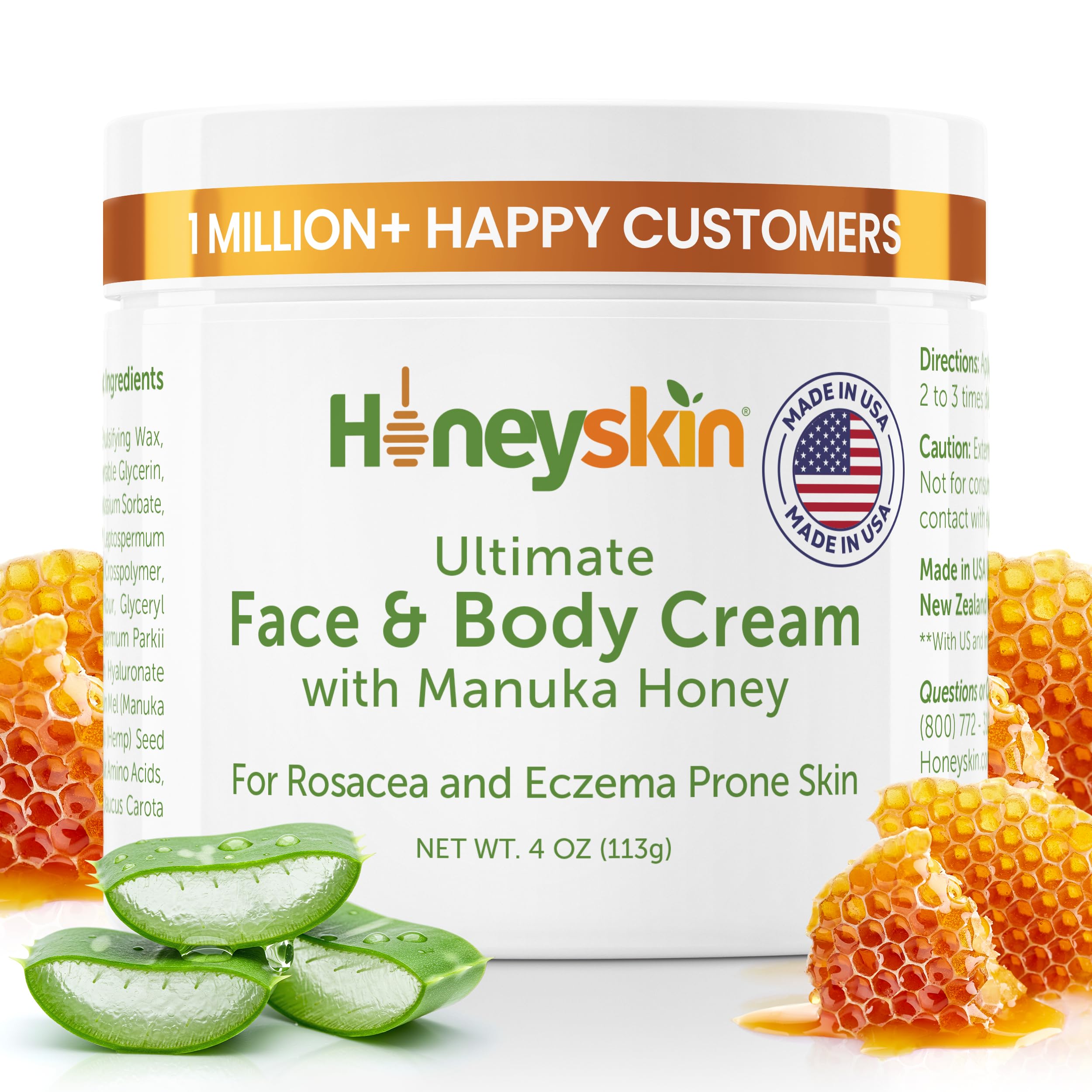 Honeyskin Hydrating Face Moisturizer & Body Cream with Manuka Honey – Organic Moisturizer for Extremely Dry Skin | 4 oz