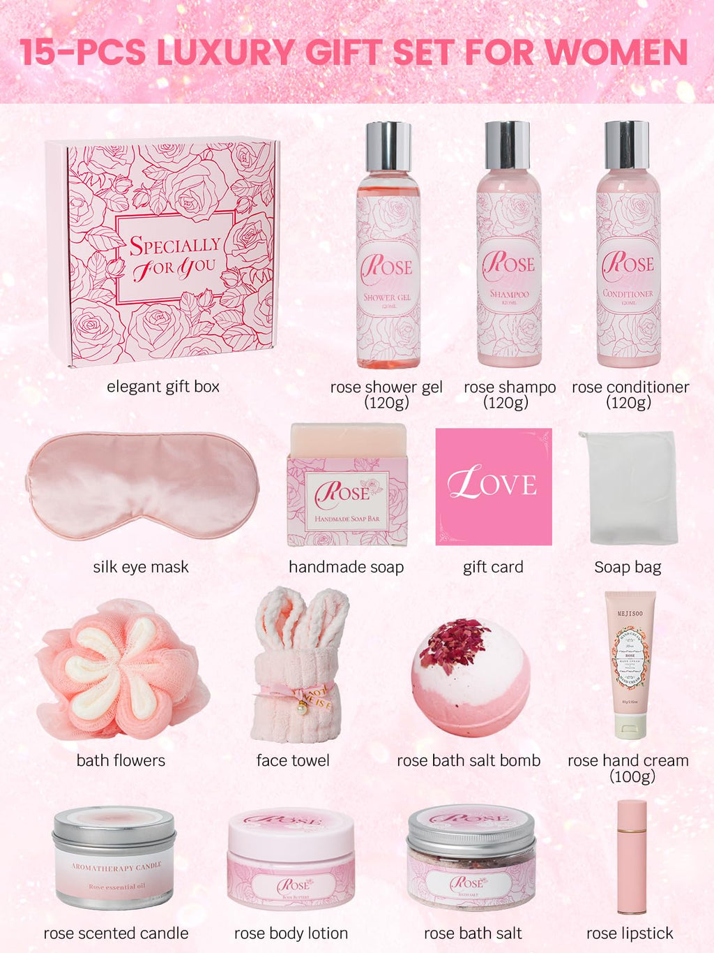 honiitaa Rose Spa Set – 16-Piece Valentine’s Gift for Her