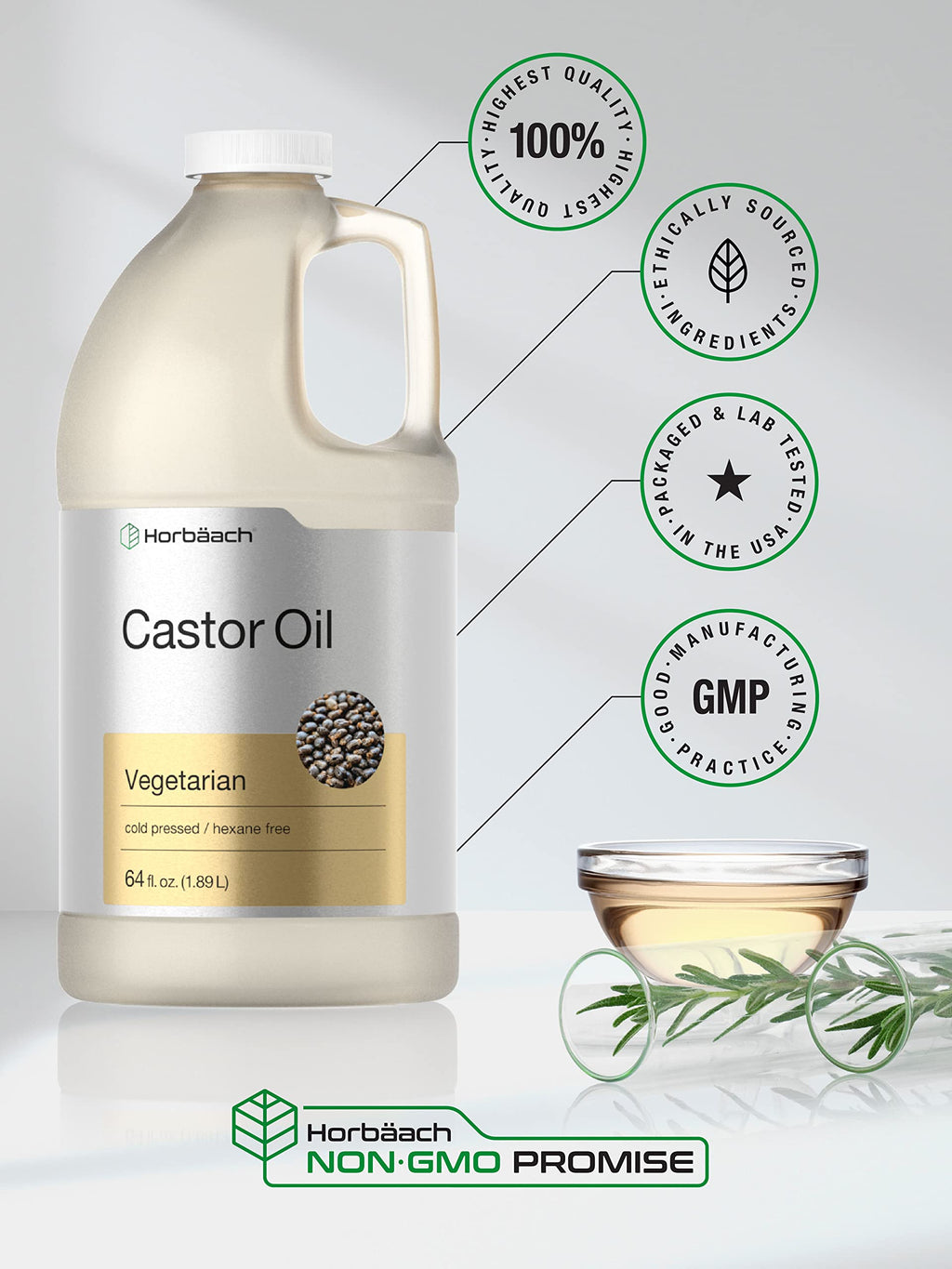 Horbäach Castor Oil 64oz | Hexane-Free, Cold-Pressed, Vegetarian, Non-GMO