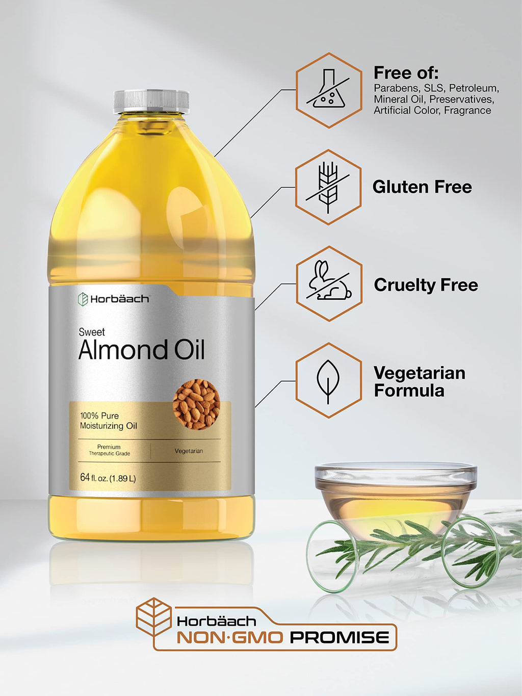 Horbäach Sweet Almond Oil 64-oz – Cold-Pressed, Hexane-Free Carrier Oil for Hair & Skin | Vegan, Non-GMO, Cruelty-Free