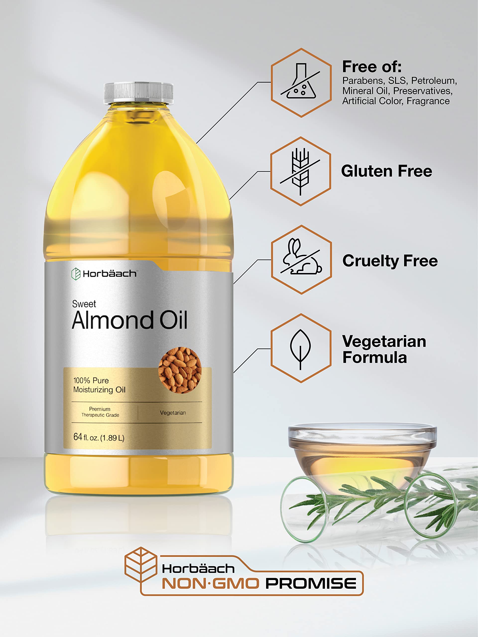 Horbäach Sweet Almond Oil 64-oz – Cold-Pressed, Hexane-Free Carrier Oil for Hair & Skin | Vegan, Non-GMO, Cruelty-Free